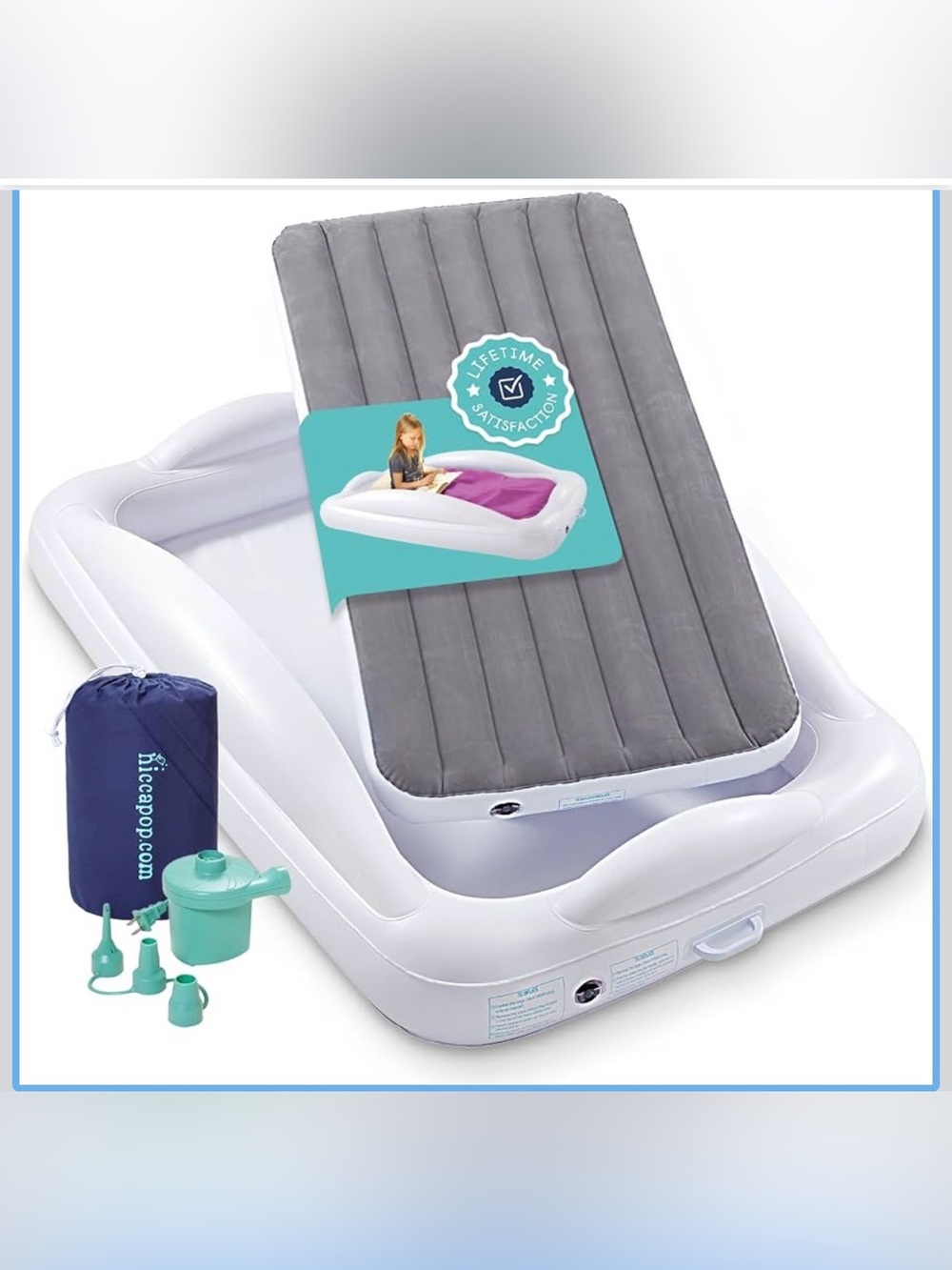NWOT READ Hiccapop Inflatable Toddler Travel Bed w Safety Bumpers 4-Sided, Grey